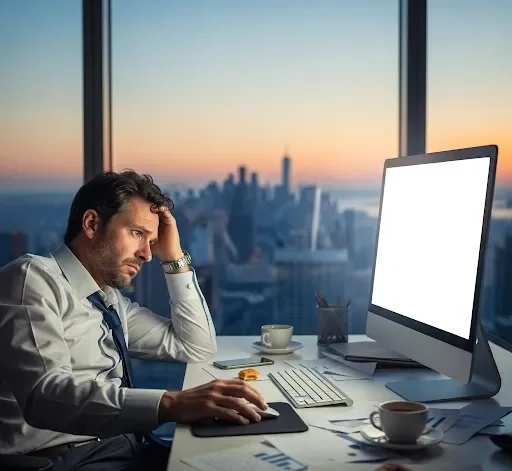 Frustrated business owner not getting enough leads or sales online, highlighting the need for a trusted digital marketing agency – Tech Support Plus