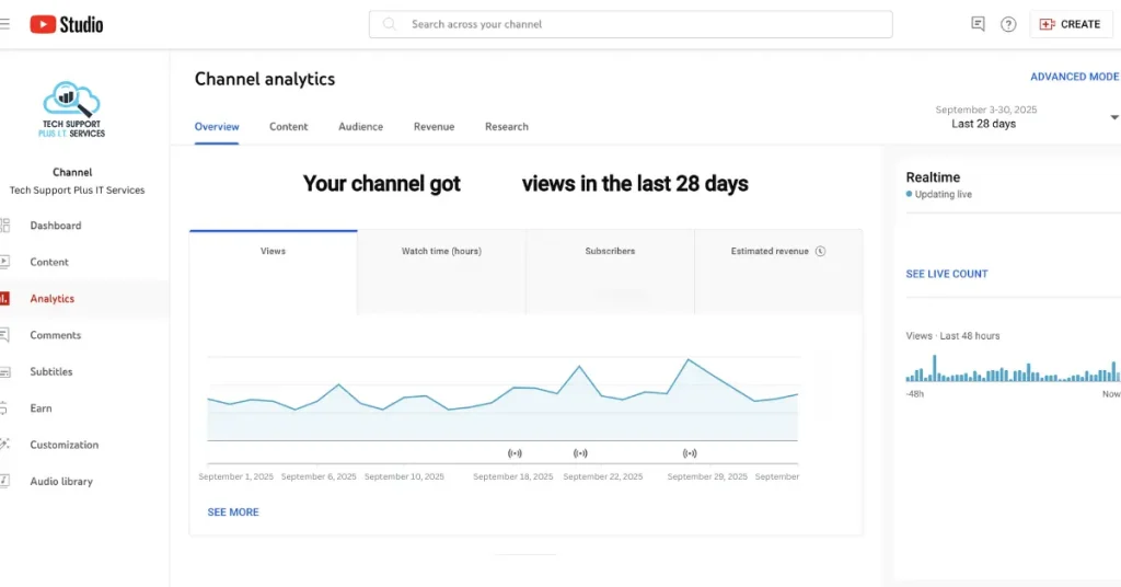 Tech Support Plus IT Services youtube analytics