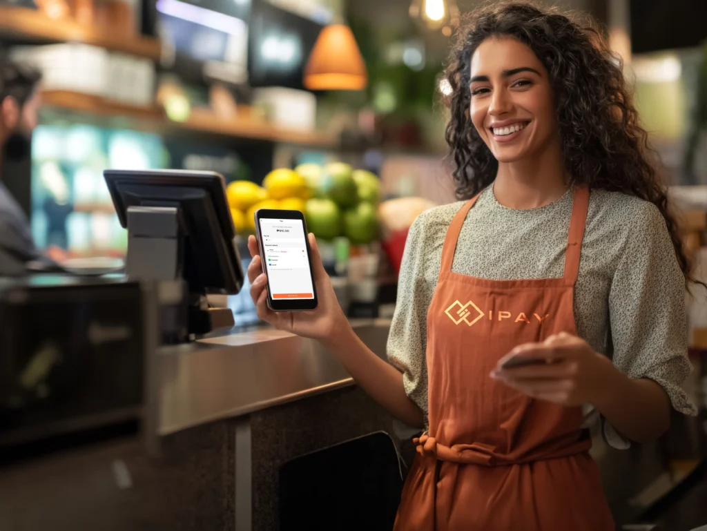 Restaurant staff showing iPay mobile app while accepting a QR code digital payment at the counter in the Philippines